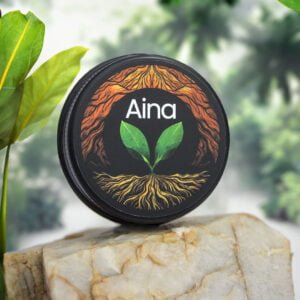 A jar of Aina CBD balm with a black lid featuring a design of green leaves and brown roots forming a circular pattern around the word "Aina." The jar is placed on a stone slab with blurred greenery in the background, evoking a natural, earthy setting.